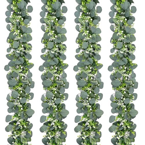 Waipfaru 4Pcs Eucalyptus Garland, 6 Inch Verdant Garland, Green Garland with Flowers, Artificial Fake Silver Dollar Eucalyptus Leaf Vines for Table Home Wedding Cloak Party Indoor Outdoor Decor