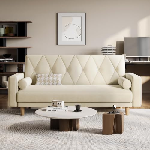 Yaheetech Convertible Click Clack Sofa Bed with 2 Bolster Pillows, Beige