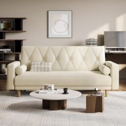 Yaheetech Convertible Click Clack Sofa Bed with 2 Bolster Pillows, Beige