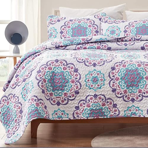 SLEEP ZONE 3-Piece Printed Quilt Set - Full/Queen Size - Lightweight Reversible Bedding Coverlet Set for All Season (Classic Circle Pattern), Full/Queen (90x96 inch - 2 Pillow Shams)