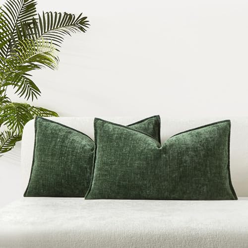 JUSPURBET Set of 2 Green Chenille Lumbar Throw Pillow Covers 16x24 Inch Soft Textured Decorative Cushion Cases for Couch Sofa Bed Solid Home Decor Pillowcases