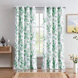 Melodieux Floral Curtains 84 Inches Long for Living Room, Farmhouse Green Apricot Flower Print White Decorative Grommet Drapes, 52x84 Inch, 2 Panels