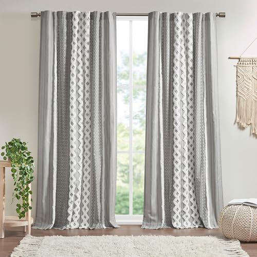 "INK+IVY Boho Curtains for Bedroom & Living Room, 100% Cotton Tufted Chenille Stripe Modern Farmhouse Curtains, Light Filtering Drapes, 50"" x 95"", Grey"