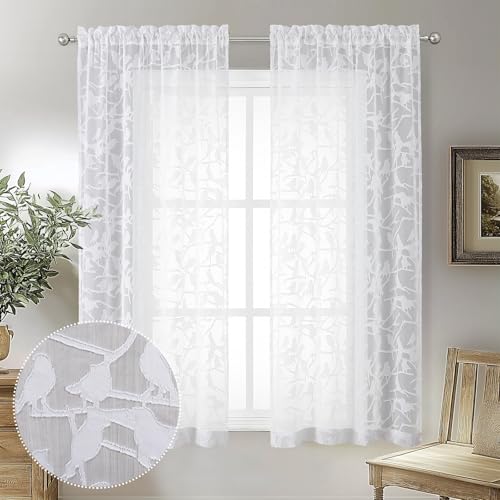 OVZME White Sheer Curtains 54 Inch Length 2 Panels, Soft Airy Light Filtering Breathable Leaf Bird Clip Jacquard Textured Short Drapes for Bathroom Bedroom Windows, Dual Rod Pocket, 2x38Wx54L Inches