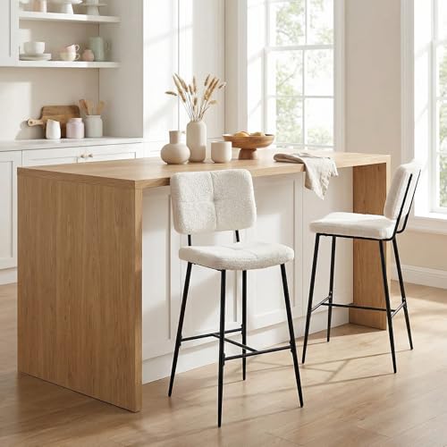 MEUBLE COSY Bar Stools Set of 2, Counter Chairs with Backs, Kitchen Island Stool with Footrest, 75 cm Tall, Boucle Fabric Upholstered, Metal Legs, Armless Design, Beige