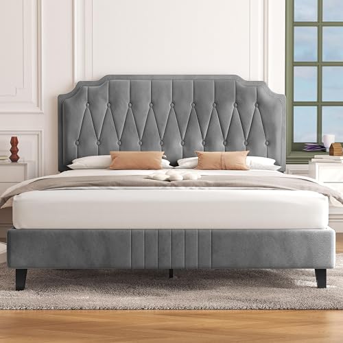 Yaheetech 4ft6 Double Bed Frame, Velvet‑Upholstered Headboard, Light Gray