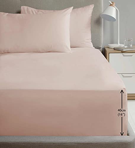 Rapport Home Super King Size Fitted Sheet Extra Deep 40cm Depth Blush Soft Easy Care Non-Iron Percale Bed Sheet – 16 inch Pocket