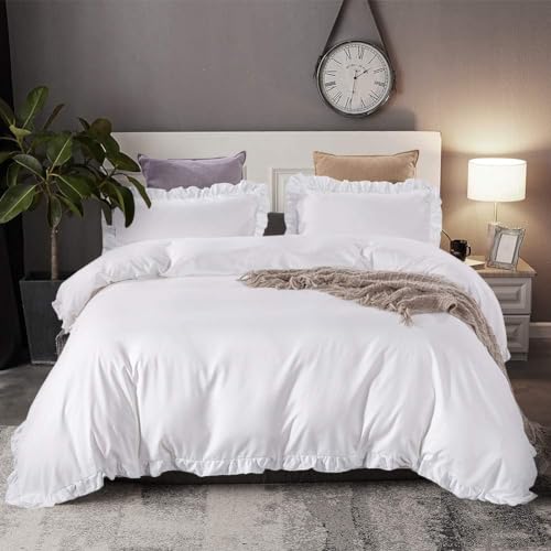 "Crown Collection Luxuriate Hotel 1000-TC Hypoallergenic Ultra Soft Design 100% Egyptian Cotton Ruffle Duvet Cover with Zipper Colser & 2pcs Pillow Case Set (Full (80"" X 90""), Ruffle White)"