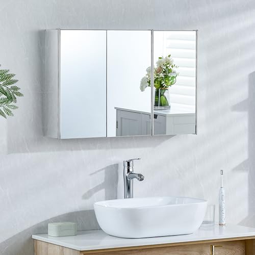 Bath Vida Tiano 3 Door Mirrored Bathroom Wall Cabinet, Stainless Steel