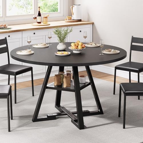 Jocoevol Round Dining Table for 4 People, Circle Dinner Table with Shelves, Space Saving Wood Kitchen & Dining Room Furniture (Black, 47 inch