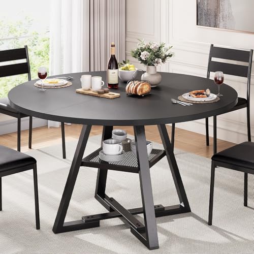 Jocoevol Round Dining Table for 4 People, Circle Dinner Table with Shelves, Space Saving Wood Kitchen & Dining Room Furniture (Black, 47 inch
