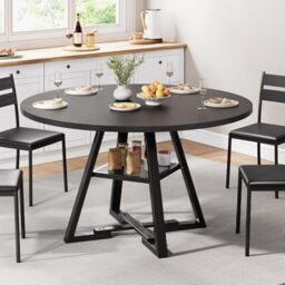 Jocoevol Round Dining Table for 4 People, Circle Dinner Table with Shelves, Space Saving Wood Kitchen & Dining Room Furniture (Black, 47 inch