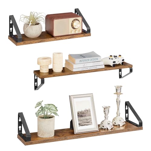 VASAGLE Wall Shelves, Floating Shelves Wall Mounted, Set of 3, 2 Mounting Ways, 40/50/60 cm, for Living Room, Bathroom, Kitchen, Rustic Brown and Matte Black LWS043K01
