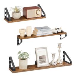 VASAGLE Wall Shelves, Floating Shelves Wall Mounted, Set of 3, 2 Mounting Ways, 40/50/60 cm, for Living Room, Bathroom, Kitchen, Rustic Brown and Matte Black LWS043K01