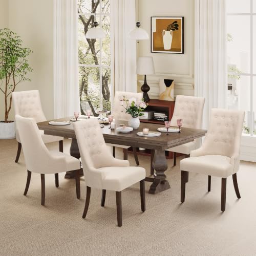 MALOL Upholstered Dining Chairs Set of 6, Wingback Dining Room Chairs with Tufted Button, High Back Kitchen Chairs with Solid Wood Legs, Thick Seat Cushion, Anti-Slip Pads, Beige