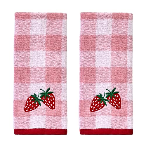 SKL Home Buffalo Plaid Strawberry 100% Cotton Jacquard 2pc Hand Towel Set, Embroidered & Decorative for Bath/Kitchen/Bar & Gift, Pink
