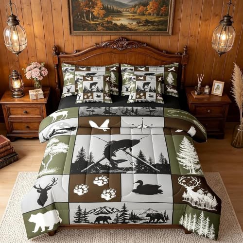 Feelyou Big Pike Fish Hunting 7 Piece Bedding Set Twin Size for Boys Teens Kids Duck Deer Hunter and Fishing Themed Comforter Set with Sheets Plaids Rustic Camping Bed in a Bag Home Decor