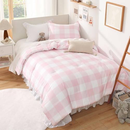 Andency Checkered Comforter Twin, Pink White Gingham Plaid Bedding Set - 2 Pieces Bed Set for Teen Boys Girls Kids, Lightweight Grid Buffalo Plaid Geometric Reversible Preppy as Gift(66x90Inch)