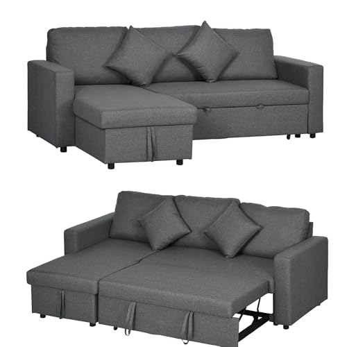 HOMCOM Corner Sofa Bed with Storage, 3 Seater L Shape Sofa, Dark Grey