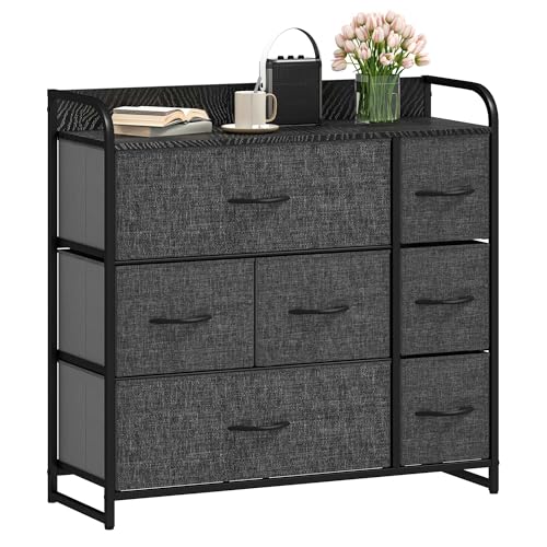DWVO Chest of Drawers,Fabric Chest of Drawers Bedroom Cabinet with 7 Drawers,Dresser for Bedroom,Living Room With Handles,Wood Top and Sturdy Steel Frame,Black Grey