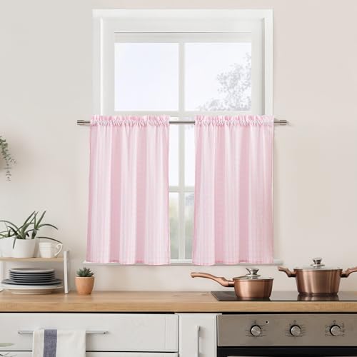 "ZJDECOR Pink White Buffalo Plaid Tier Kitchen Curtains 36 Inches Long - Crinkled Not-See-Through Sheer Cafe Curtain,Farmhouse Window Treatment for Kitchen Living Room,Rod Pocket,26""Wx36""Lx2"