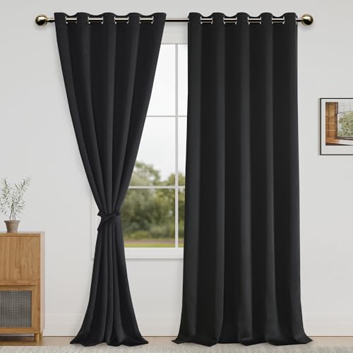 DWCN Black Blackout Curtains for Bedroom with Tiebacks - Thermal Insulated Light Blocking Grommet Window Curtains for Living Room 102 Inches Long Panels, 60 x 102 inch Length, Set of 2 Panels