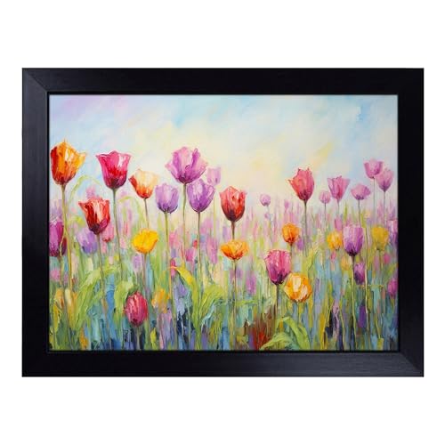 Lap Tray with Bean Bag Cushion, Tulip Flower Impressionism - Handmade in the UK, Raised Wooden Edge, Padded Cushion, Heat-Resistant Wipe-Clean Surface, for Meals, Laptops and Crafts