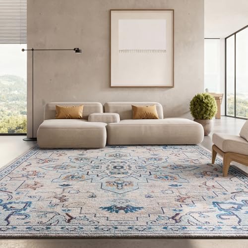 Safavieh Boho Rug for Living Room, Dining Room, Bedroom - Madison Collection, Short Pile, in Ivory and Light Blue, 244 X 305 cm