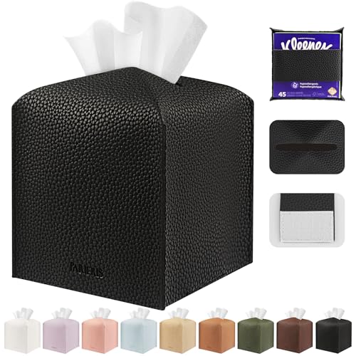 PARIERIS Tissue Box Cover Holder Square Tissue Cube Cover PU Leather Tissue Organizer with Bottom Belt for Bathroom, Tabletop, Car, Night Stands, Office, Home, Kitchen (Black)