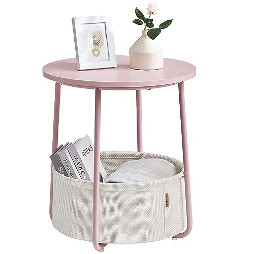 VASAGLE Side Table, Round End Table with Fabric Basket, Spacious, for Living Room Bedroom, Bedside Table, Modern Style, Pastel Pink and Cloud White LET223R61
