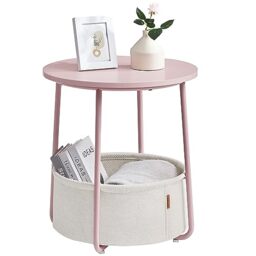 VASAGLE Side Table, Round End Table with Fabric Basket, for Living Room Bedroom, Modern Style, Jelly Pink and Cream White LILEA Collection LET223R61