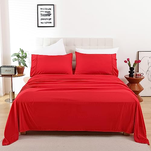 Twin Sheet Set - Luxury Soft Comfy Bed Sheets, Breathable Cooling Hotel Bedding for Women, Men, Teens, Extra Deep Pocket, Easy-Fit, Oeko-Tex, Wrinkle Free 3 Piece - Red