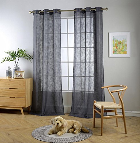 "MIUCO Semi Sheer Curtains Poly Linen Textured Solid Grommet Curtains 84 Inches Long for French Doors 2 Panels (2 x 37 Wide x 84"" Long) Charcoal Grey"
