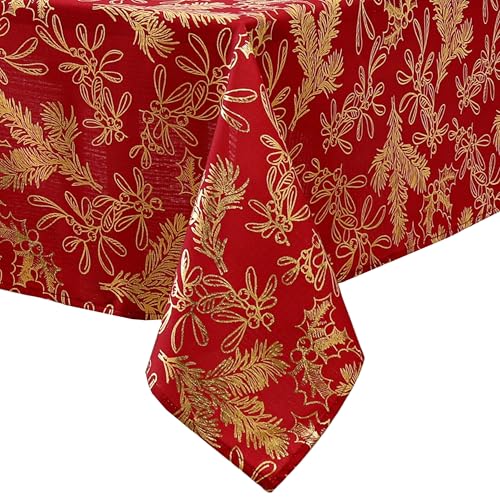 "Elrene Home Fashions Woodland Spruce Metallic Foil Printed Fabric Holiday/Christmas Rectangle Dining Tablecloth, 60""x84"""