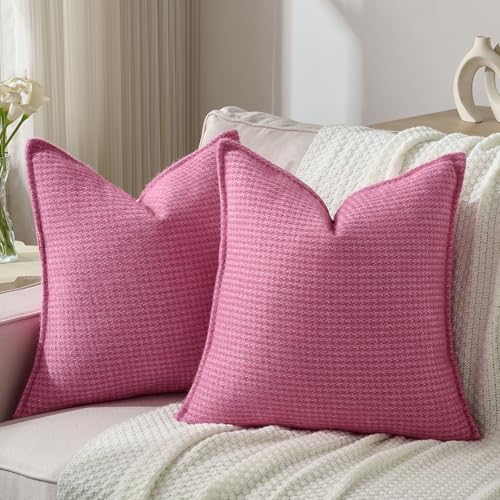 FUTEI Hot Pink Decorative Throw Pillow Covers 24x24 Inch Set of 2,Soft Houndstooth Textured European Cushion Case,Modern Home Decor for Couch Bed Living Room