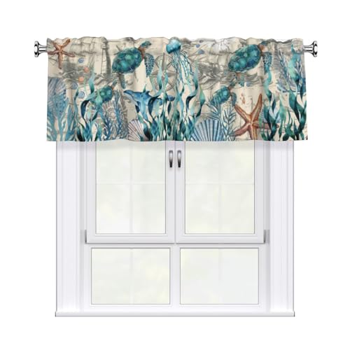 DZGlobal Nautical Valances for Windows - Vintage Coastal Cafe Curtains Sea Turtle Short Curtains for Kitchen Living Room Bathroom Bedroom Basement