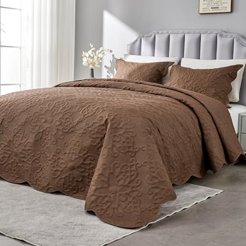 Kingnex Oversized King Bedspreads 128x120 for Tall Bed Lightweight 3 Piece Coverlet Set 1 Extra Wide Quilt 2 Pillow Shams Coffee