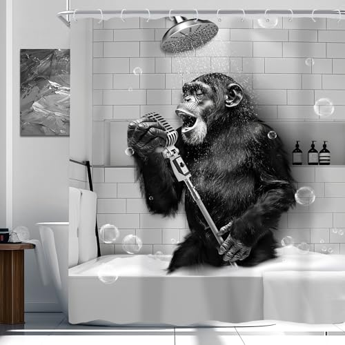 Newsely Funny Monkey Shower Curtain 72Wx72H Inch Black White Animal Chimpanzee Singing in Bathtub Men Kids Boy Shower Curtain Bathroom Set Modern Cool Waterproof Bath Decoration Accessories Home Decor