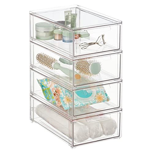 mDesign Storage Box ??? Stackable Plastic Container with Pull-Out Drawer ??? Bathroom Organiser Box for Toiletries, Makeup and Beauty Products ??? Pack of 4 ??? Clear