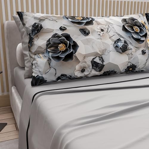 PETTI Artigiani Italiani - Cotton Sheets with Pillowcases in Digital Print, Double Bed Sheet, Double Bed Set, Floral 7 Light Grey, 100% Made in Italy