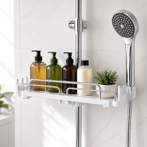 Shower Caddy Extendable, Shower Rail Shelf with 6 Hooks & Shower Holder - Extends 28-44cm for double storage, fits 18-26mm shower poles, no-drill screwdriver install, rust-resistant & stable