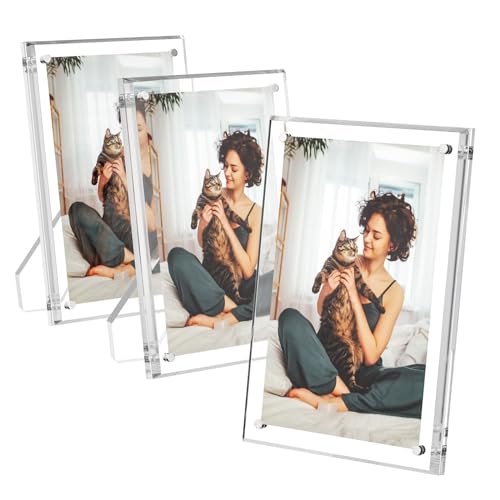 AITEE 4x6 Acrylic Picture Frames 3 Pack, Clear Picture Frames with Stand, Magnetic Frame Acrylic Lucite Frameless Transparent Cubes Floating Gift for Home Office Desktop Display Horizontally or