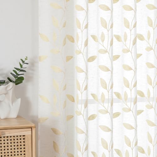 Chyhomenyc Natural Sheer Curtains 63 Inch Length - Light Filtering Blend Linen Neutral Embroidered Leaf Pattern Window Curtain Panel Drapes for Living Room Bedroom, 40Wx63L Inch, 2 Panels