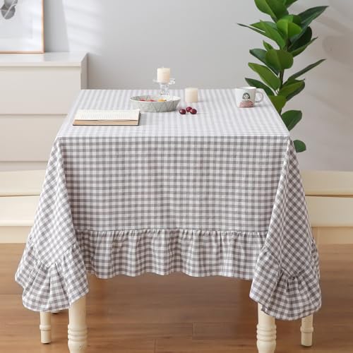 K MASANIJI 100% Cotton Grey White Plaid Gingham Ruffled Table Cloth Square 60x60 in Cottage Coquette Checker Vintage Decorative Tablecloth (Grey/White Plaid, 60x60 inches)
