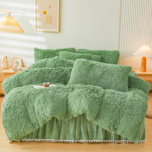 ERLOXO Fluffy sage Green Faux Fur Comforter Cover Queen Set???Fluffy Fuzzy Plush sage Green Bedding 3Pcs (1 Faux Fur Duvet Cover +2 Fuzzy Pillowcases) Fluffy Bed Set Queen