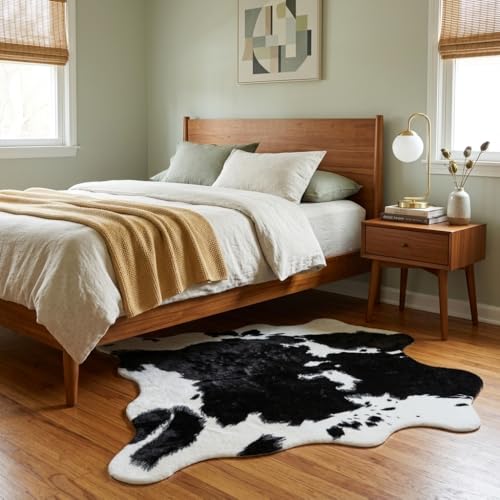 MustMat Cute Cow Print Rug Black and White Faux Cowhide Rugs Animal Printed Area Rug Carpet for Home 5.2x4.6 Feet