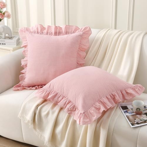"Silnuo Pink/White Plaid Ruffle Throw Pillow Covers Farmhouse Checkered Gingham 24""x24"" Vintage Washed Cotton Pillow Shams for Couch,Sofa,Bed and Living Room"