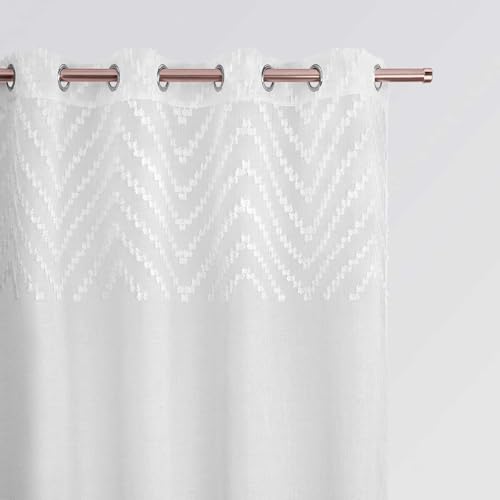 ROOM99 Lindsay Eyelet Curtain 140 x 230 cm Width x Height Living Room Curtain Transparent Modern Curtain Scarf Living Room Bedroom Pompoms White 1 Piece
