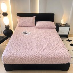 ZIQINPSQ Taffeta Velvet Jacquard Queen Fitted Sheet - Luxury Bedding - Ultra-Soft, Quick-Heat, Anti-Static, 360?? Mattress Protector, Pink, No Pillowcases