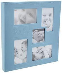"Pioneer Collage Frame Embossed ""Baby"" Sewn Leatherette Cover Photo Album, 4""x6"", 240 Photos, Baby Blue"